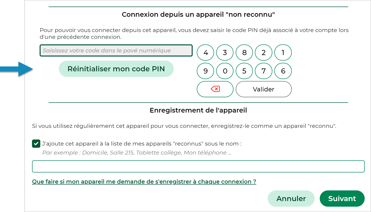 bouton Rinitialiser mon code PIN