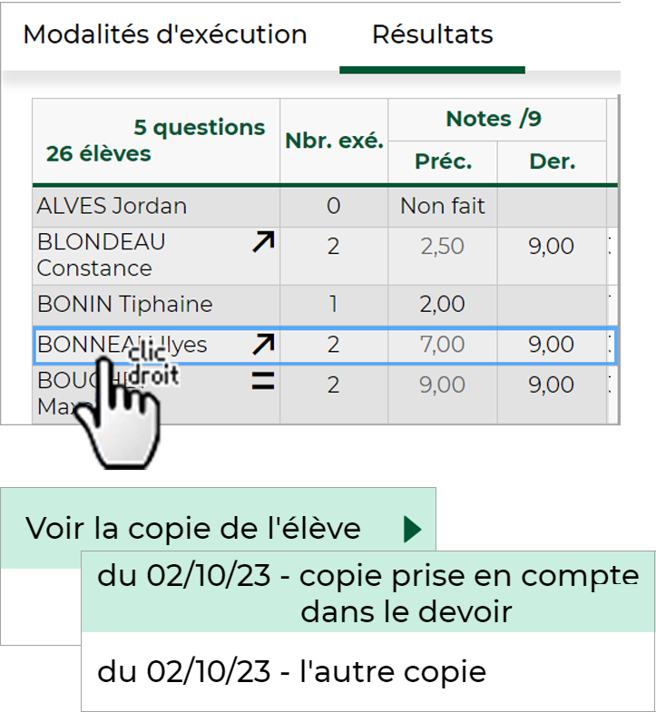 QCM tableaux rsultats PRONOTE