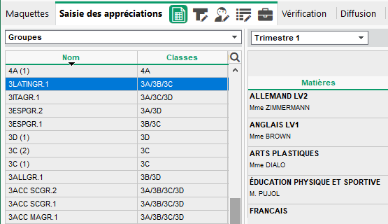 Saisie des appréciations par groupe dans le bulletin