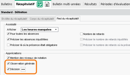 Nouvelles options dans le pied du rcapitulatif