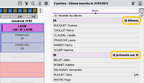 Dtail du nombre d'lves par classe dans un cours regroupant des lves issus de diffrentes classes