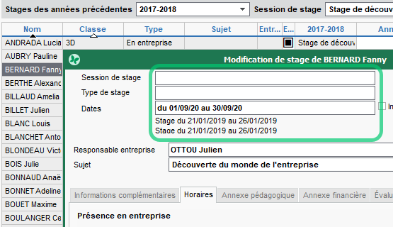 Modification des données des stages passés