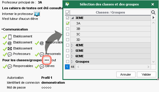 Choix des classes pour communiquer via les discussions