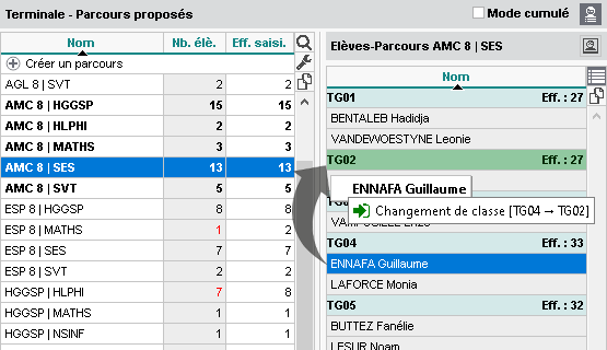 Changement d'une classe  l'autre facilit dans l'onglet 