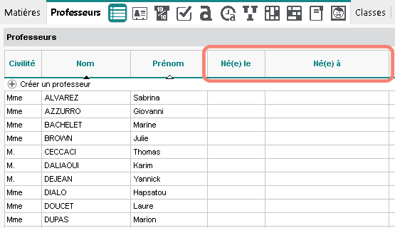 Nouvelles colonnes dans la liste des professeurs