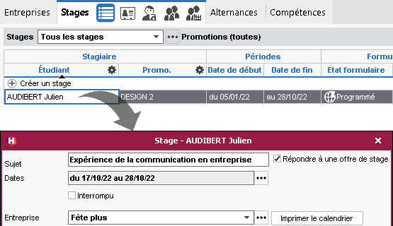 Ouverture simplifie de la fiche de stage / d'alternance