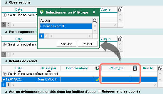 SMS envoy aux responsables pour les dfauts de carnet