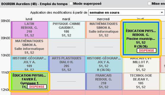 Affichage des dispenses sur l'emploi du temps annuel