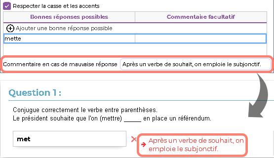 Commentaire en cas de mauvaise rponse dans un QCM