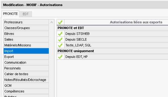 Imports possibles pour les utilisateurs MODIF