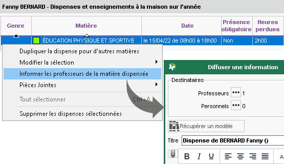 Notification des dispenses aux enseignants