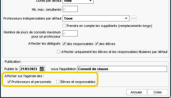 Affichage des conseils de classe dans l'agenda des professeurs