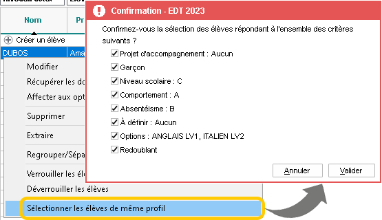 Slection des lves ayant le mme profil