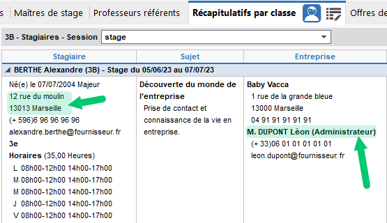 Récapitulatifs des stages par classe plus complets