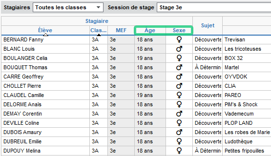 Informations supplémentaires dans la liste des stagiaires