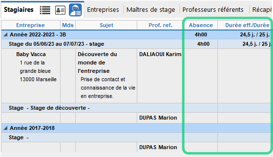  Ajout des absences dans le récapitulatif des stages de l'élève