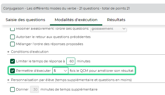 Programmation de QCM autorisant plusieurs essais