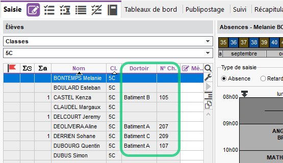 Tri par âge, statut, n° de chambre des élèves dans la saisie des absences