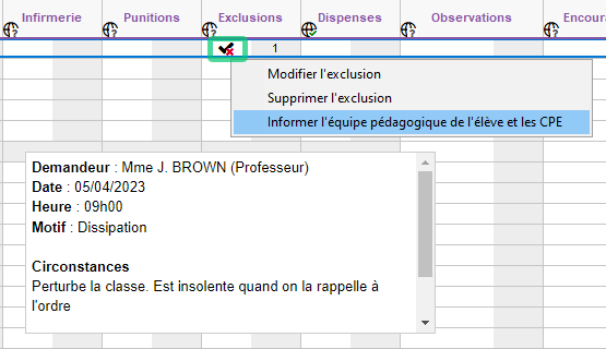 Information immédiate d'une exclusion de cours