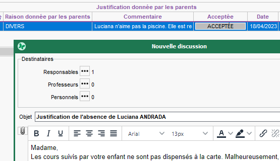 Communication directe avec le responsable depuis l'affichage des absences justifiées