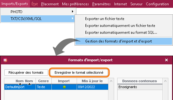 Enregistrement des formats d'import/export