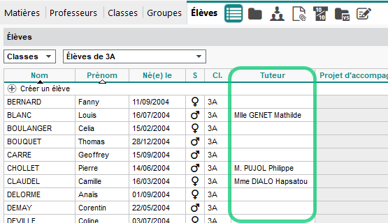 Ajout d'une colonne tuteur dans les listes des classes / groupes