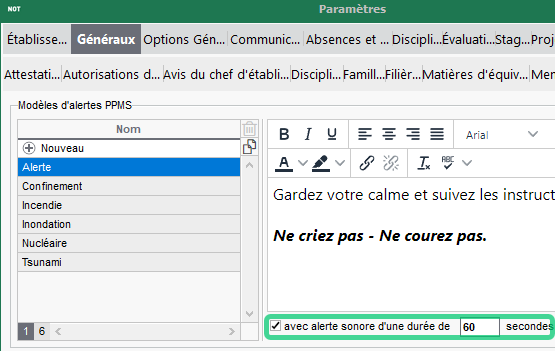 Paramétrage d'une alerte PPMS sonore