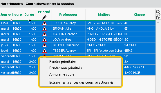 Extraction des cours chevauchant les conseils de classe