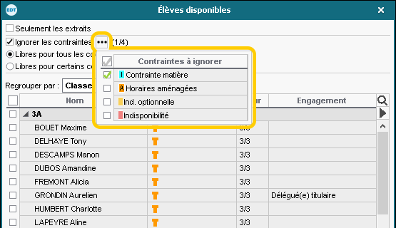 Gestion des lves dtachs sur une multislection de cours