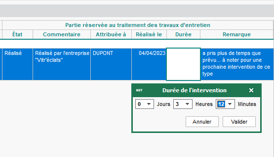 Saisie de la durée d'intervention suite à une demande de travaux