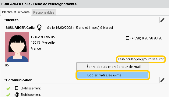 Copie des adresses e-mail de la fiche via le clic droit