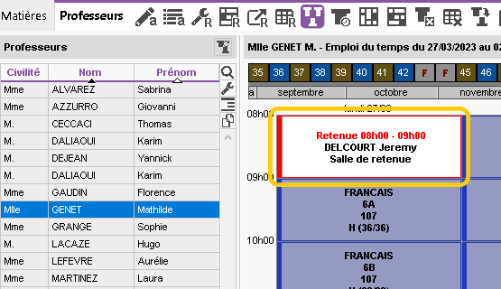 Affichage des retenues surveilles sur l'emploi du temps