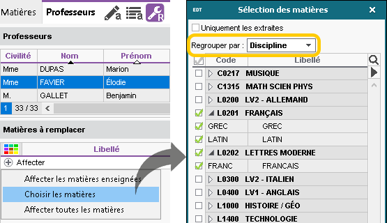 Choix des remplaants en fonction de la discipline