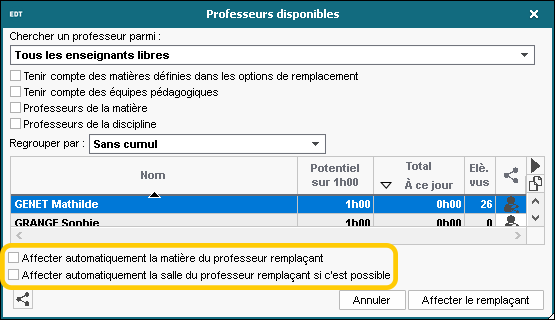 Affectation automatique de la matire et de la salle du remplaant