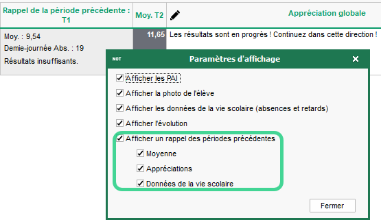 Visualisation des données saisies pour la période précédente