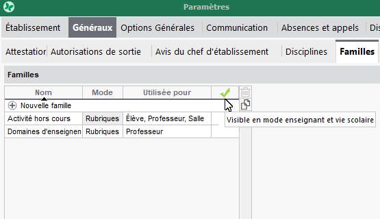 Rubriques familles accessibles aux enseignants et VS