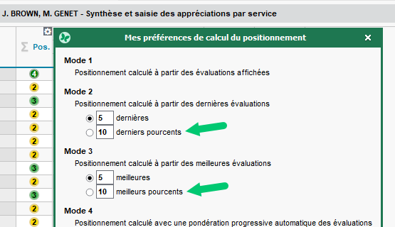 Paramétrage du calcul des positionnements affiné