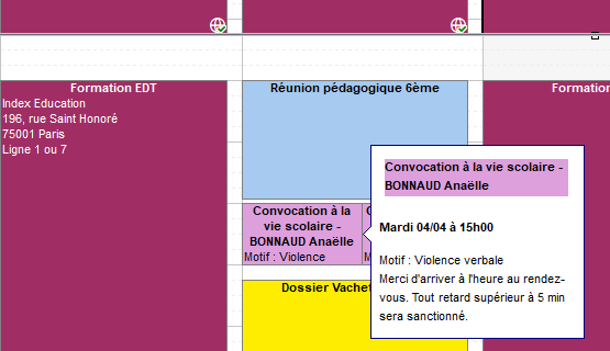 Affichage des convocations dans l'agenda