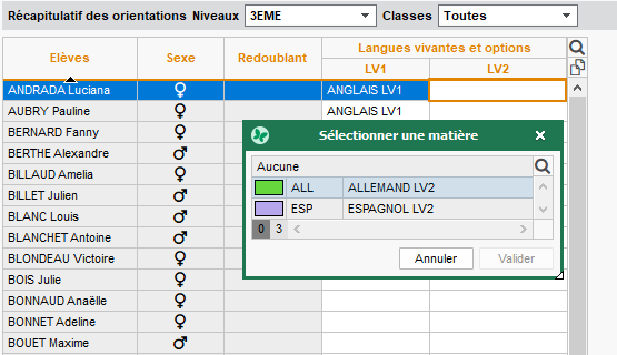 Affichage des langues de l'élève dans le récapitulatif