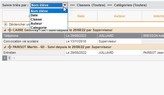 Tri des éléments de suivis du décrochage scolaire