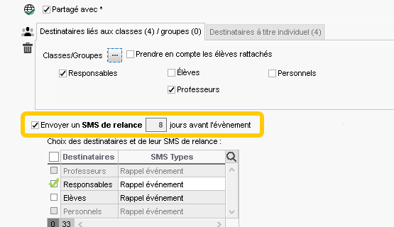 Rappel par SMS des événements de l'agenda
