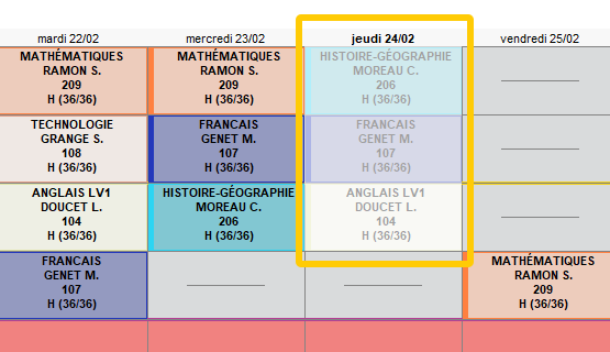 Visualisation des absences sur l'emploi du temps