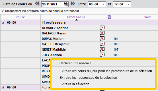 Extraction dans la liste de l'état de début des cours