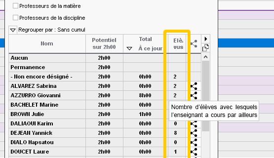 Filtrage des remplaçants selon le nombre d'élèves vus
