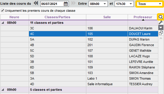Recherche facilitée de l'état de début des cours