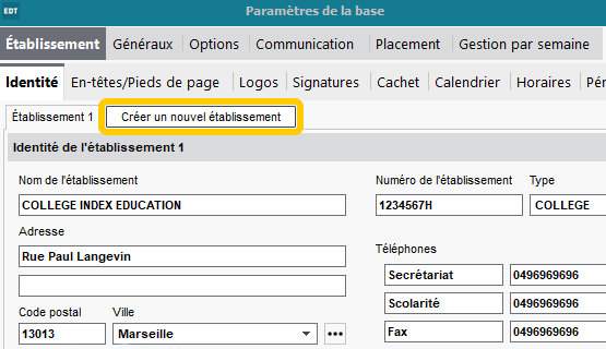 Création manuelle d'un nouvel établissement