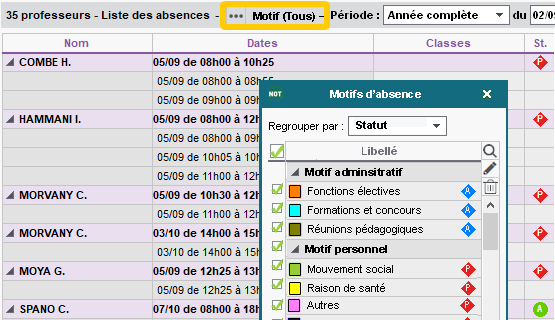 Filtrage des absences des enseignants et personnels