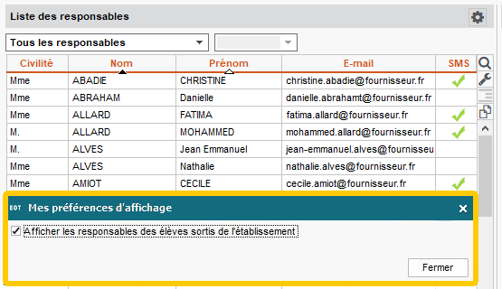 Affichage de la liste des responsables