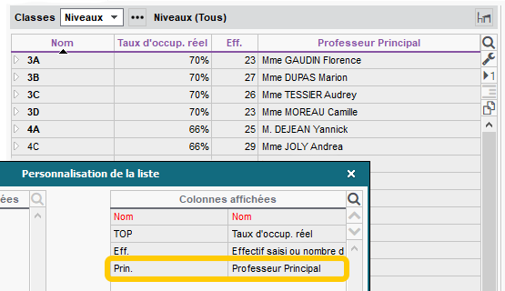 Renseignement du professeur principal