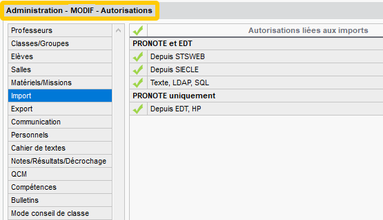 Importation accordée aux utilisateurs MODIF